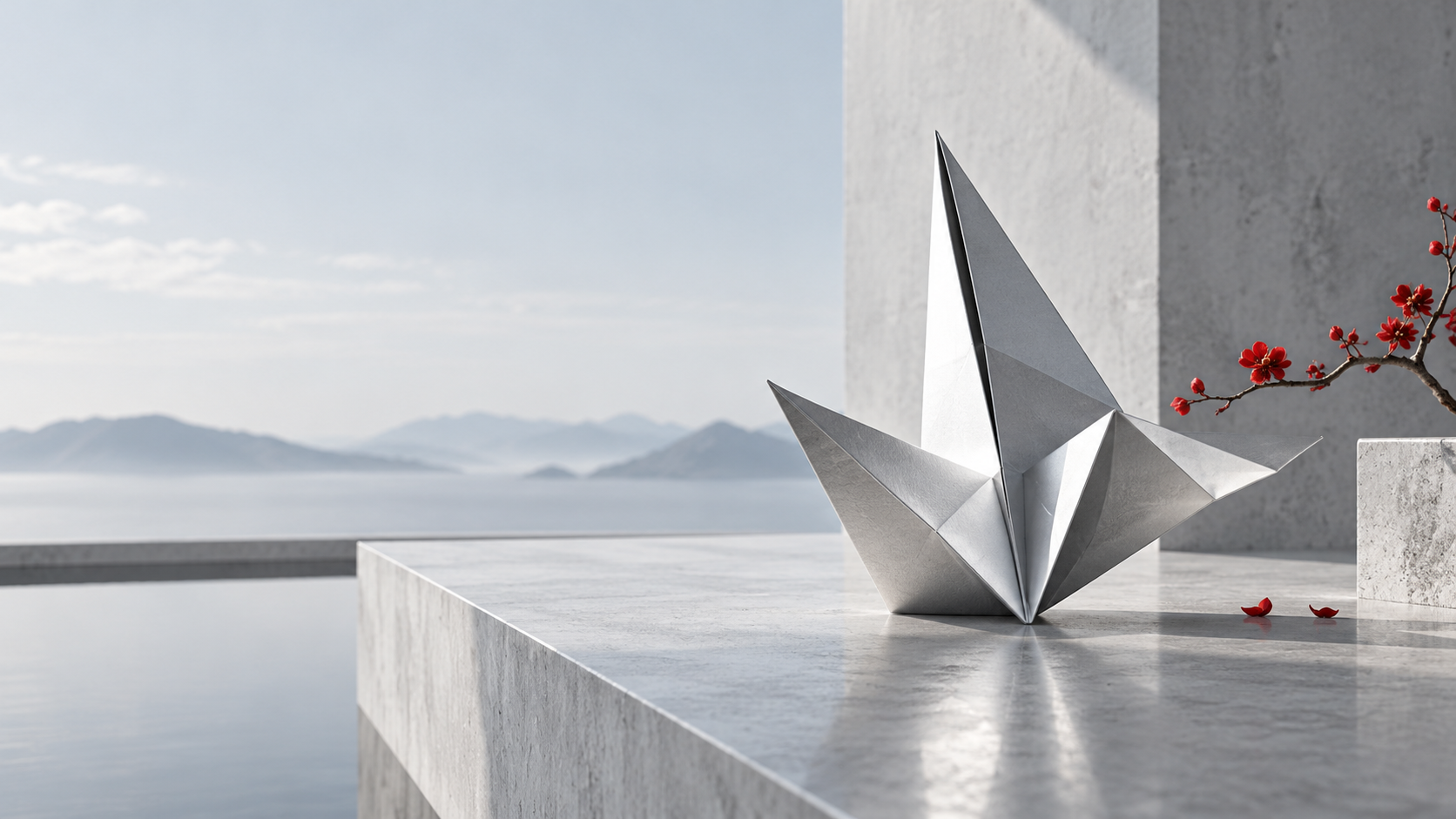Silver folded sculpture in soft daylight